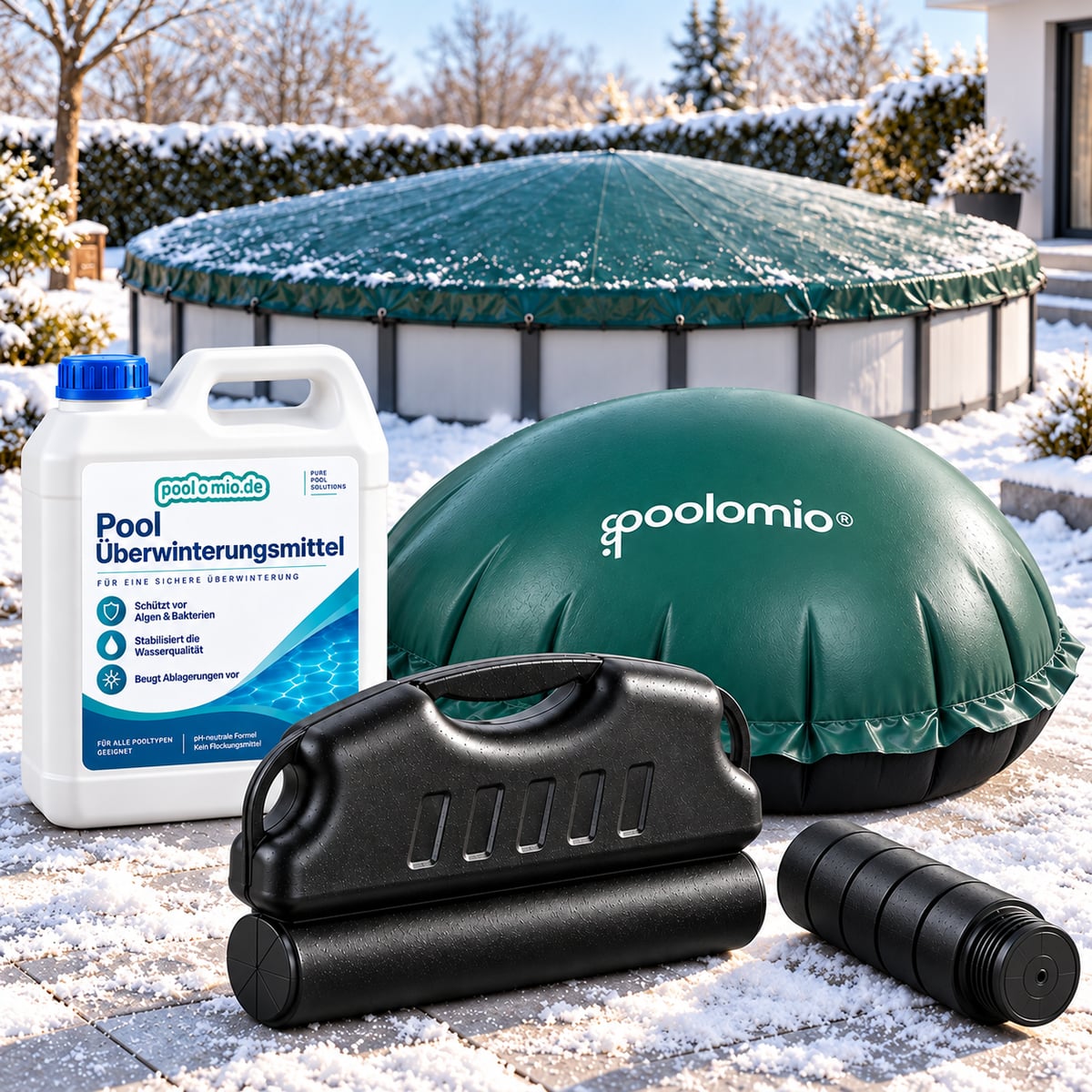 Pool Winter-Komplettset: Winterplane, Poolkissen, Eisdruckkissen, Skimmerschutz und Überwinterungsmittel