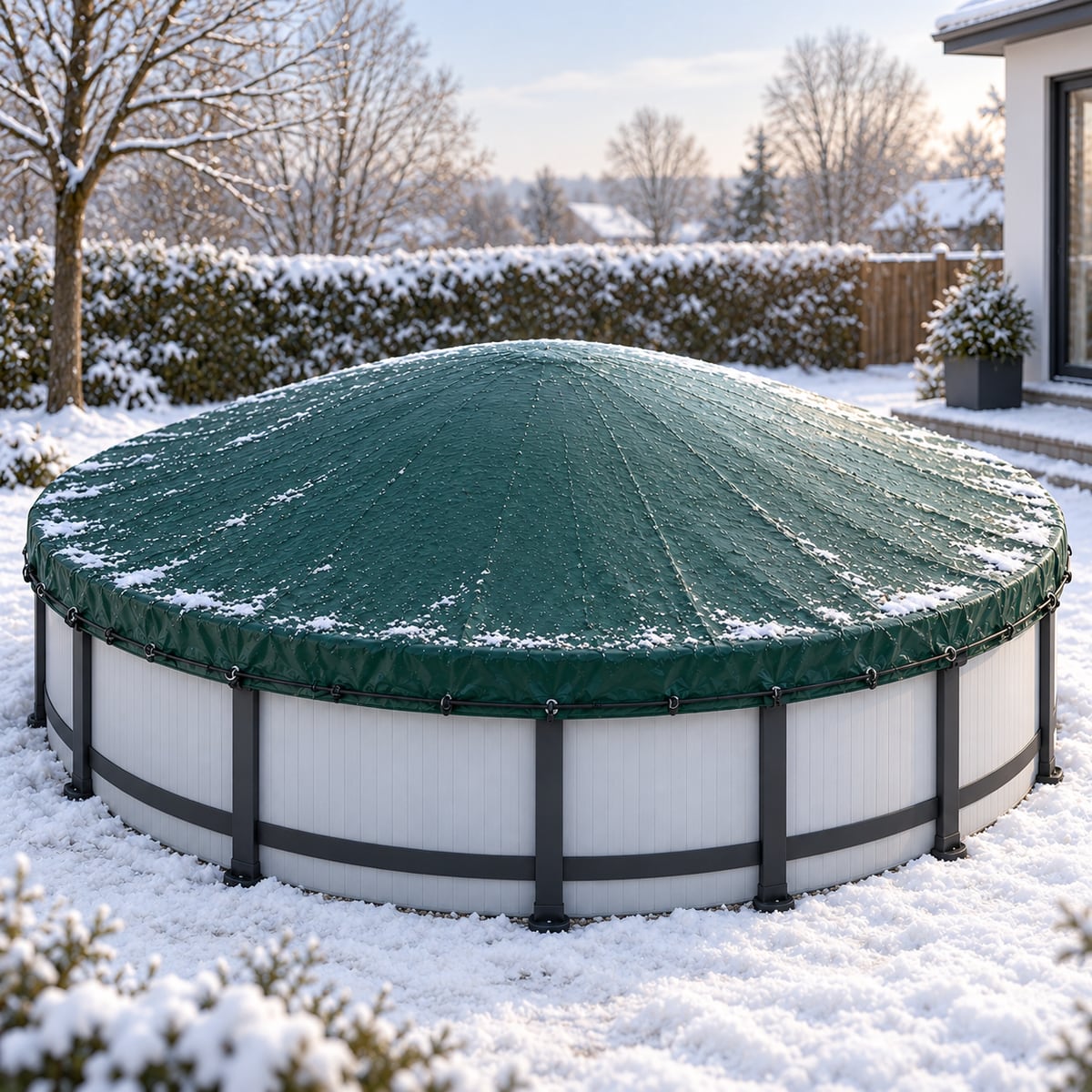 Winterfest abgedeckter Rundpool mit Poolkissen unter der Winterplane
